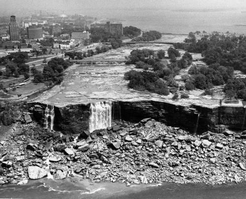 An aerial view of the Niagara Falls after the construction of a sectional cofferdam in the river. Photo taken on June 21, 1969.