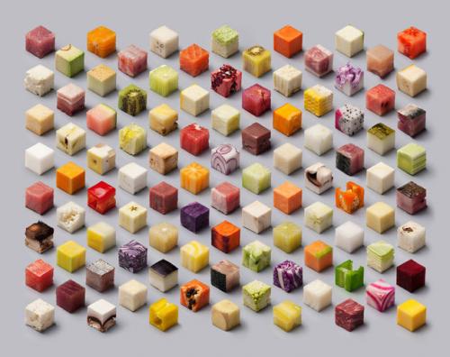 This is a real photo of different types of food cut into identical cubes